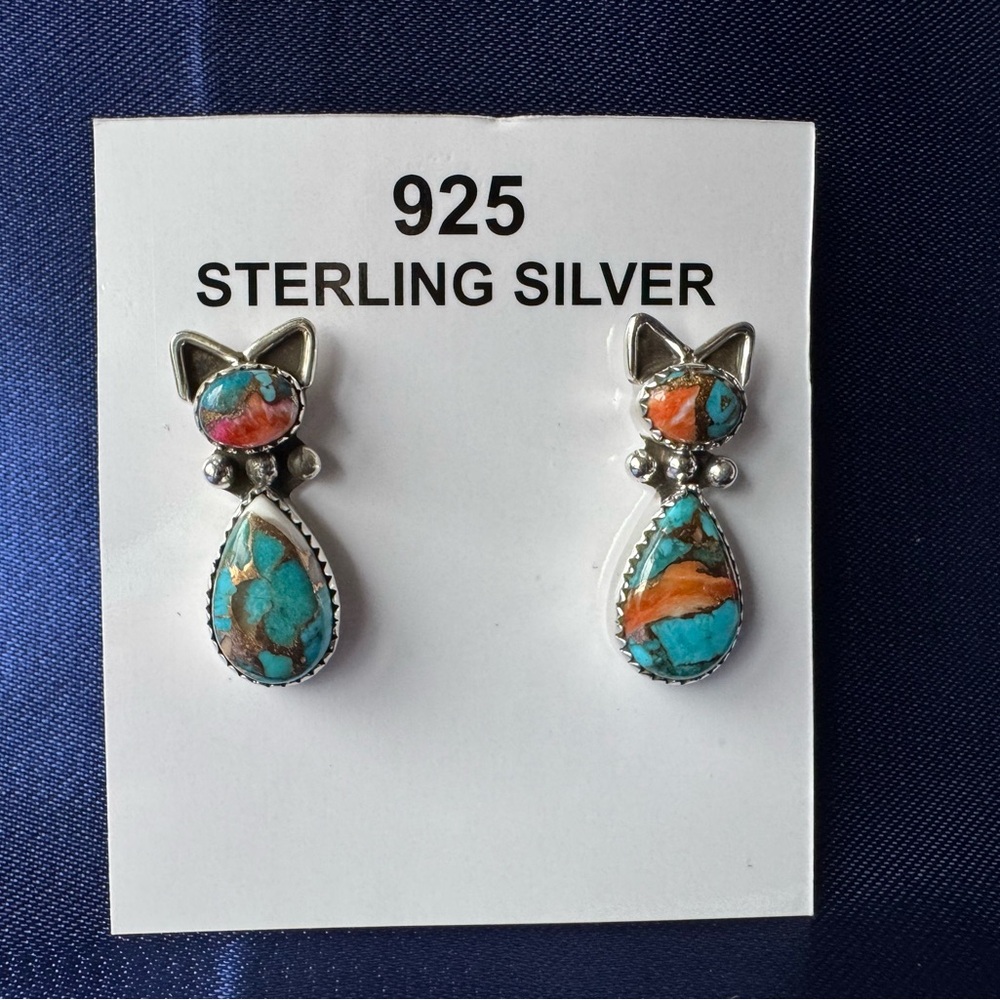 Sterling Silver Cat Earrings with Turquoise and Coral - Picture 3 of 4